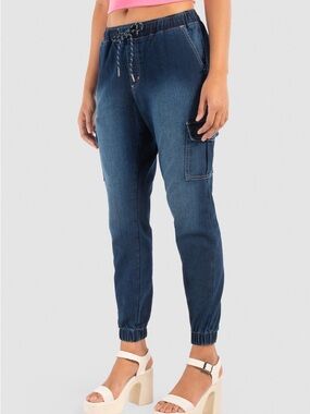 Dark Blue Women's Boyfriend Jogger Jeans with Cargo Pocket